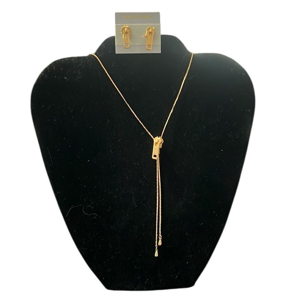 Elegant unique gold zipper necklace with matching pierced earrings EUC